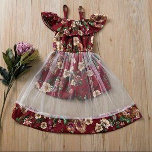 Dress Toddler Girl Stylish Floral Allover Tulle Faux-two Romper Flower One PC